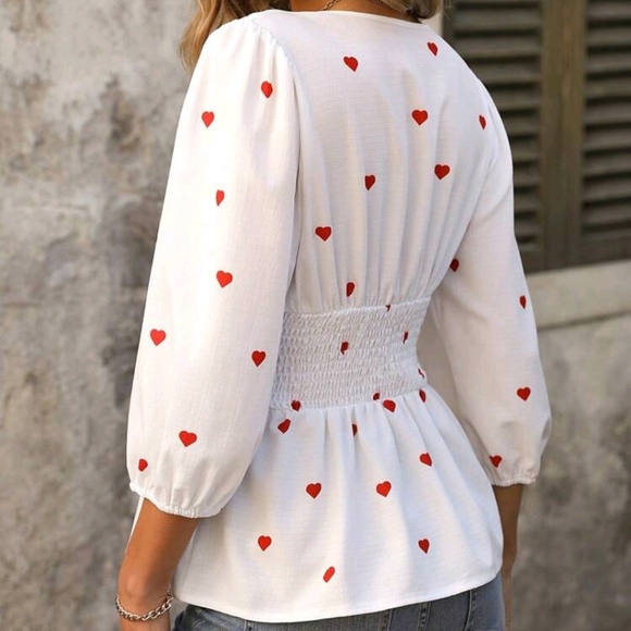 Deep  Plunge V Neck Heart Print Shirt Smocked Waist Top Blouse White Red - Picture 2 of 6